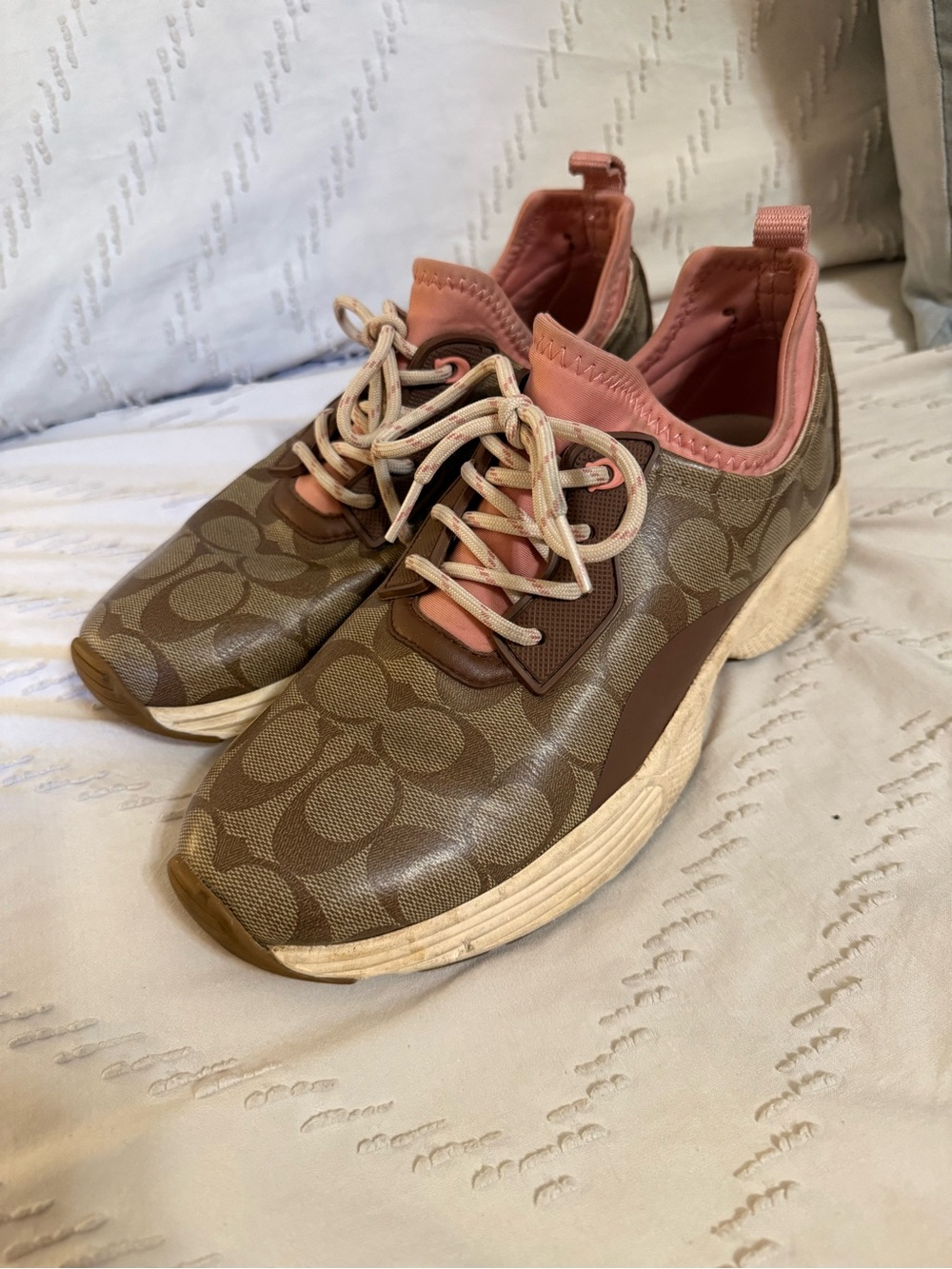 Coach Brown Signature Logo Sneakers with Pink Trim